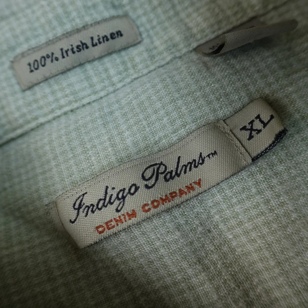 Indigo Palms Shirt Mens XL Green Irish Linen Short Sleeve Button Up Casual Beach